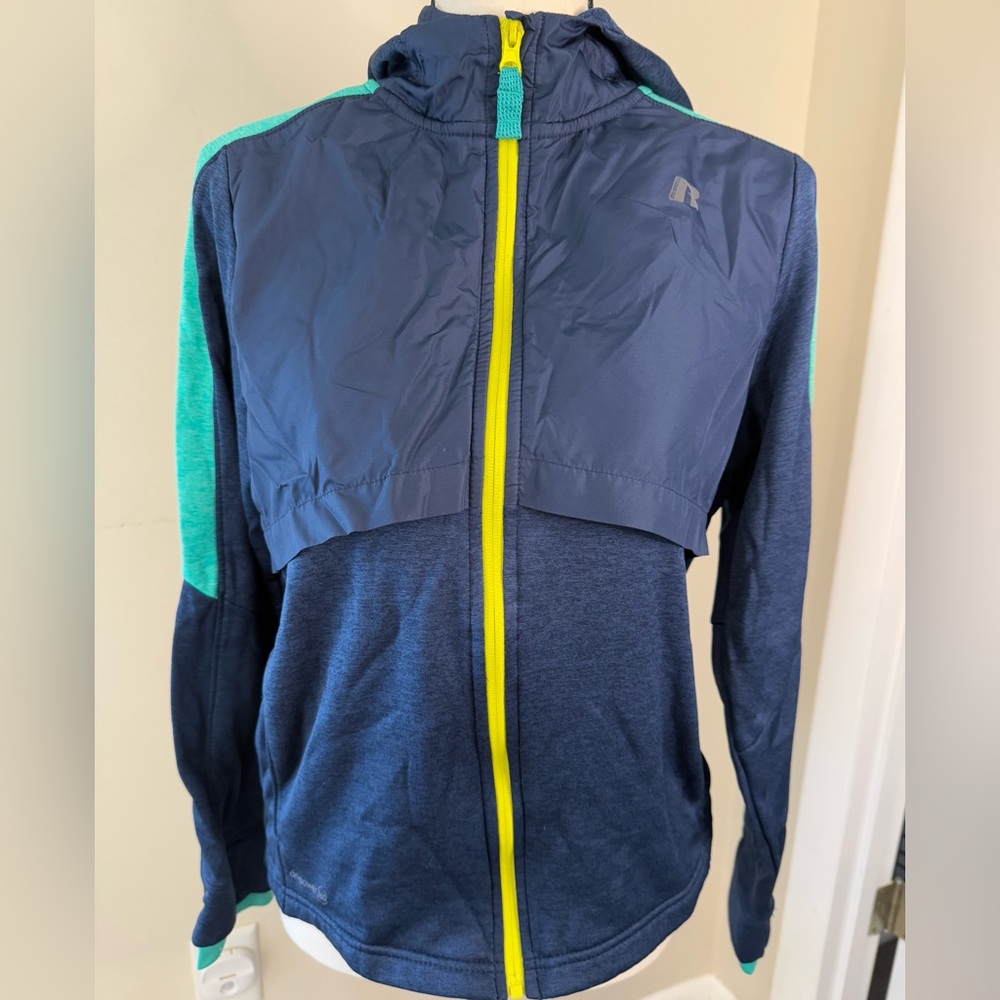 Russel navy fleece lined hoodie athletic jacket zip front Green yellow trim XXL